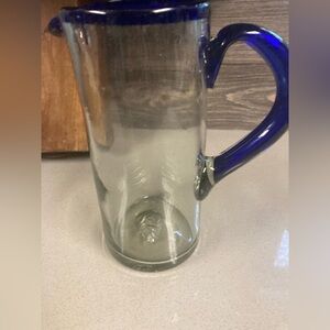 Hand Blown Pitcher with Cobalt Handle and Rim